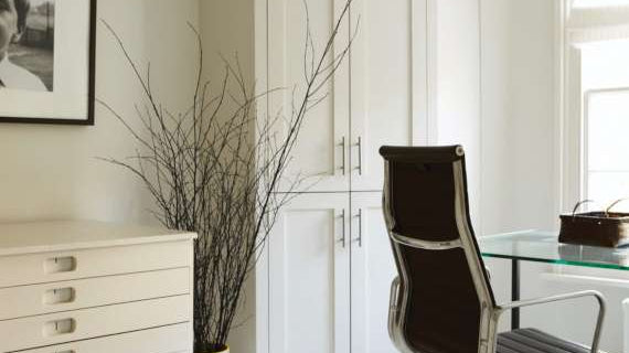 Home office with walls and fitted storage painted in Farrow & Ball All White