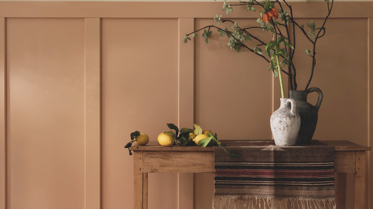 Room painted in Farrow & Ball Pointing, New White and Faded Terracotta