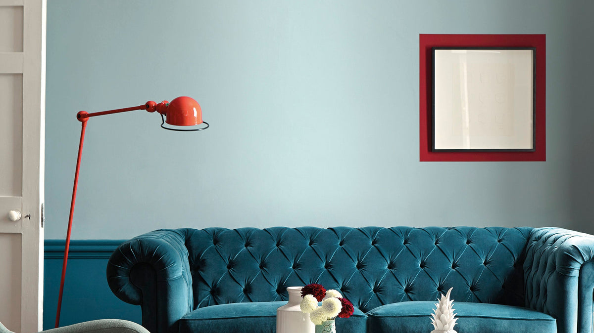 Sitting room with walls painted in Little Greene Celestial Blue