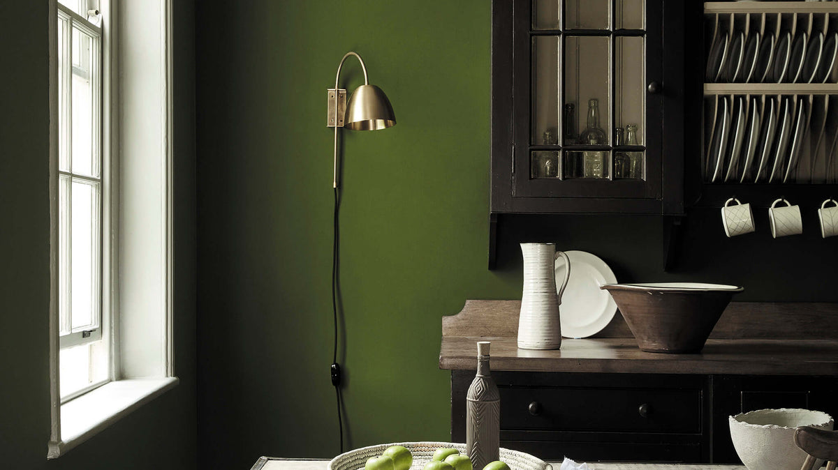 Kitchen with walls painted in Little Greene Jewel Beetle