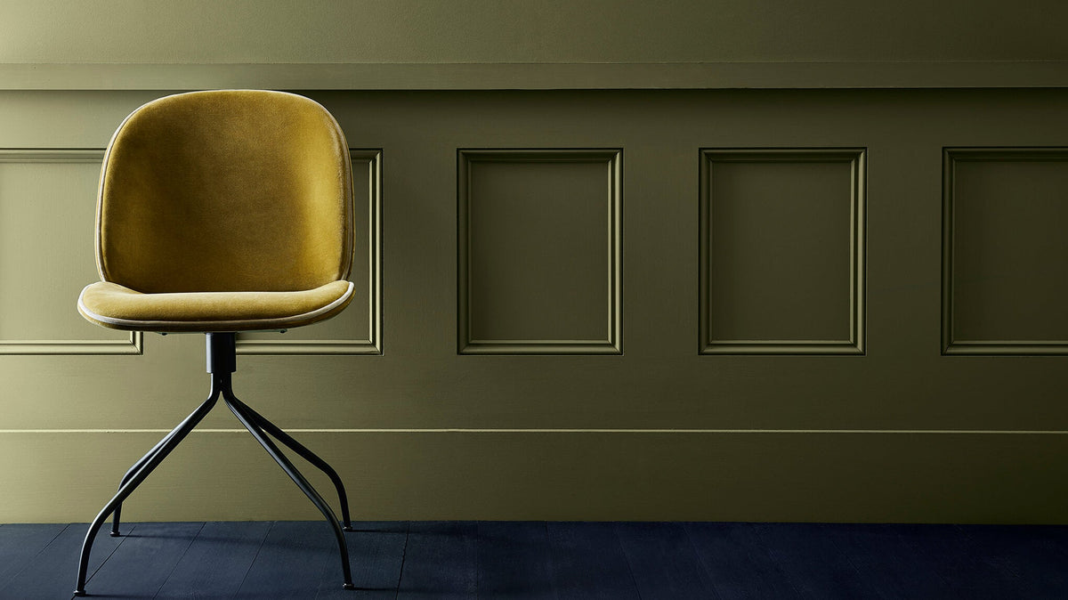 Panelled wall painted in Little Greene Olive Colour