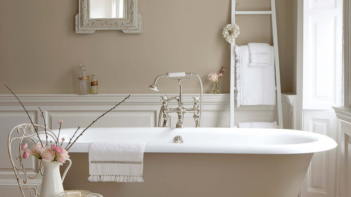 Bathroom with walls painted in Little Greene Rolling Fog