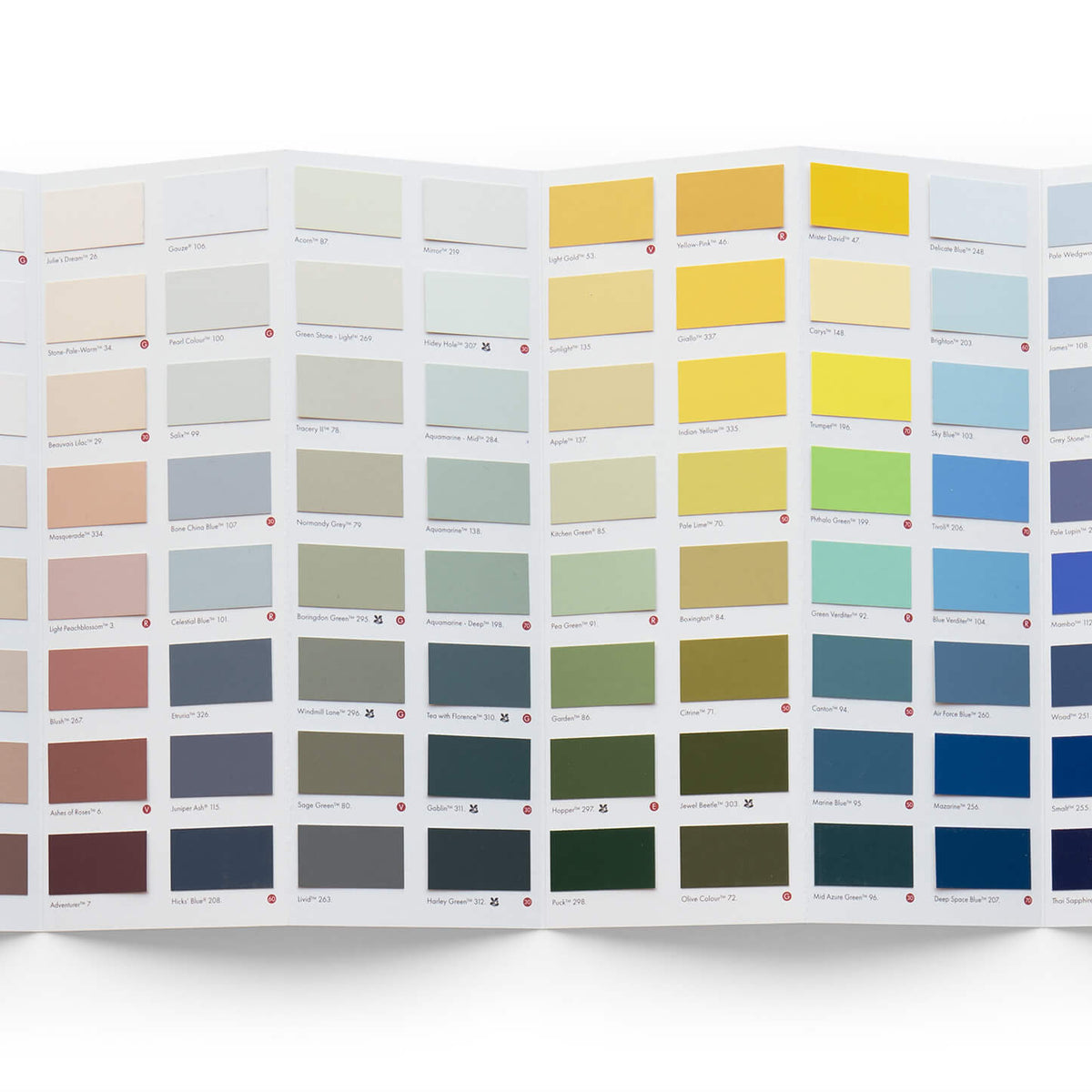 Little Greene colour card open to show a full grid of paint colours