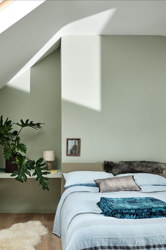 Small attic bedroom painted in Farrow & Ball Mizzle