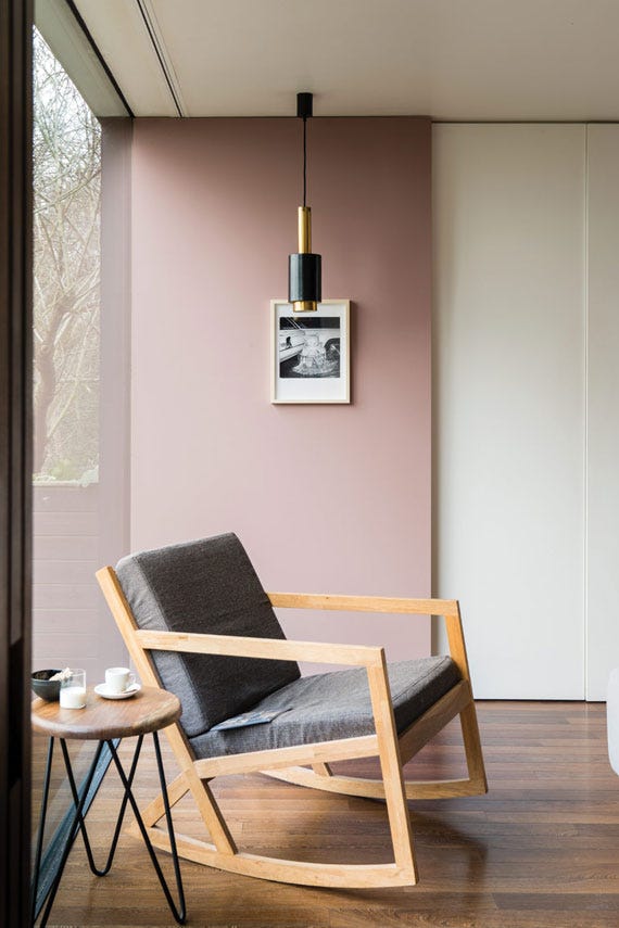 Sitting room with walls painted in Farrow & Ball Sulking Room Pink
