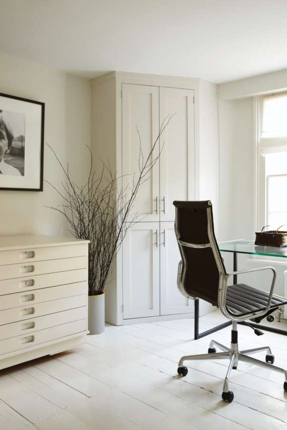 Home office with walls and fitted storage painted in Farrow & Ball All White