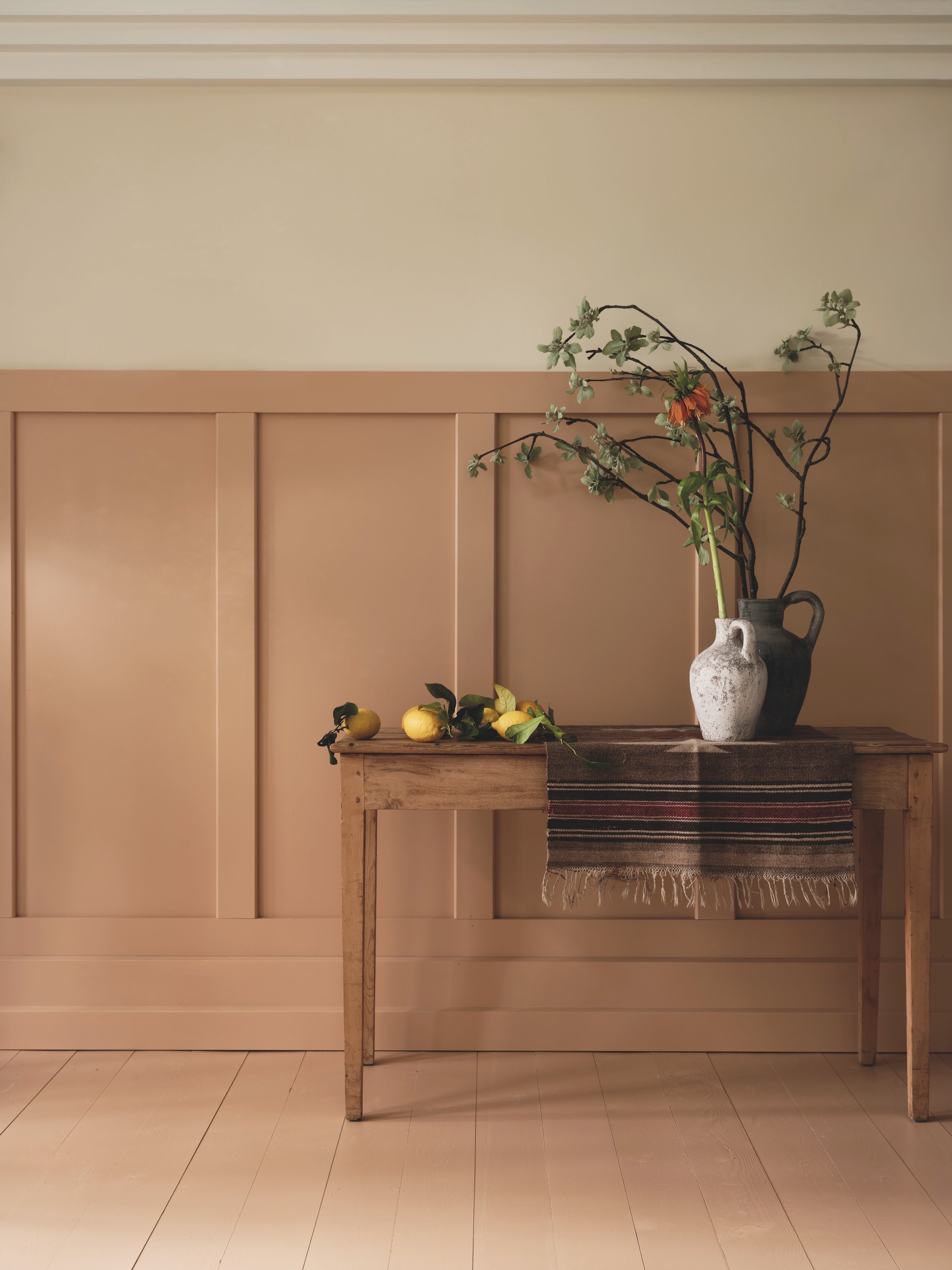 Room painted in Farrow & Ball Pointing, New White and Faded Terracotta