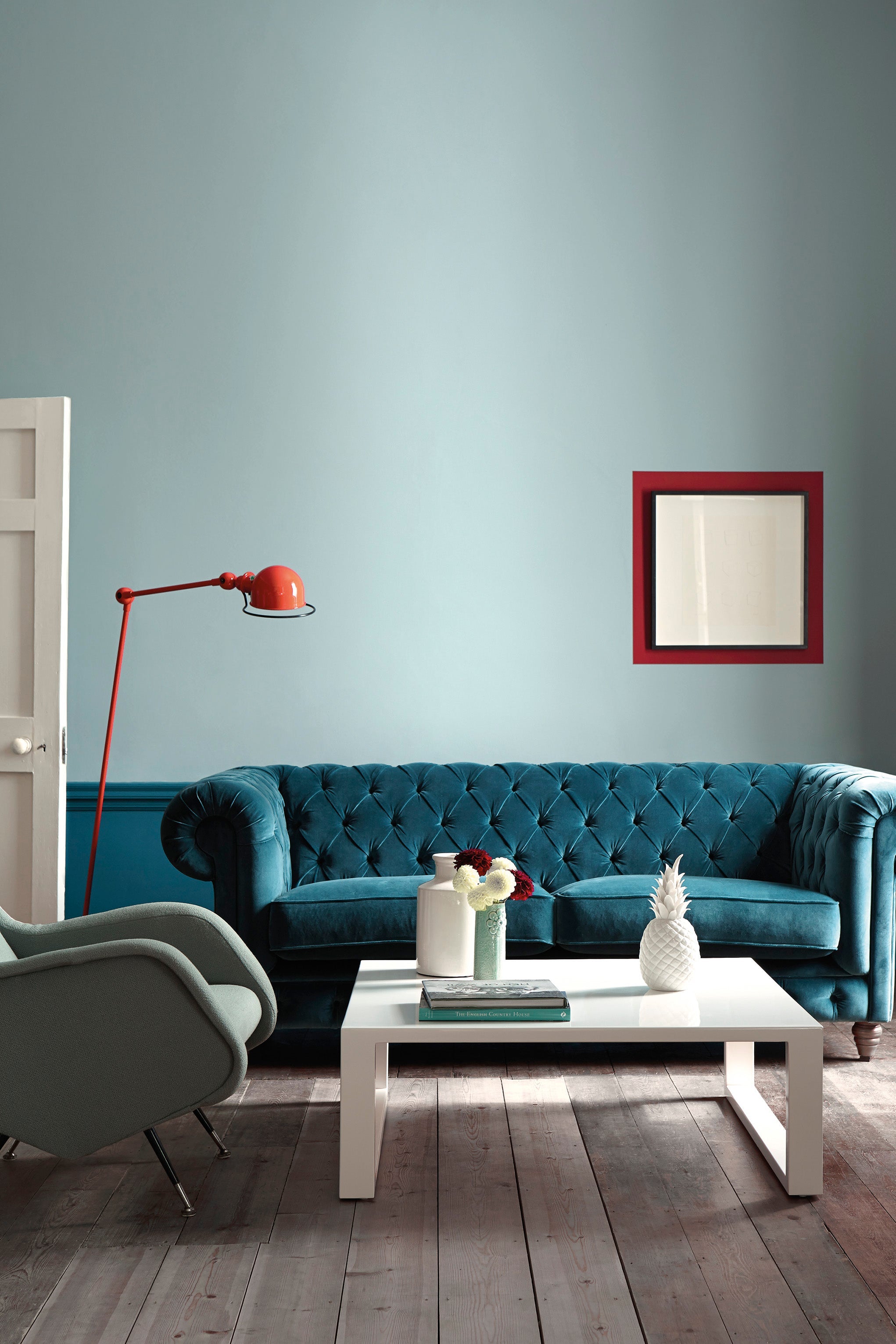 Sitting room painted in Little Greene Celestial Blue