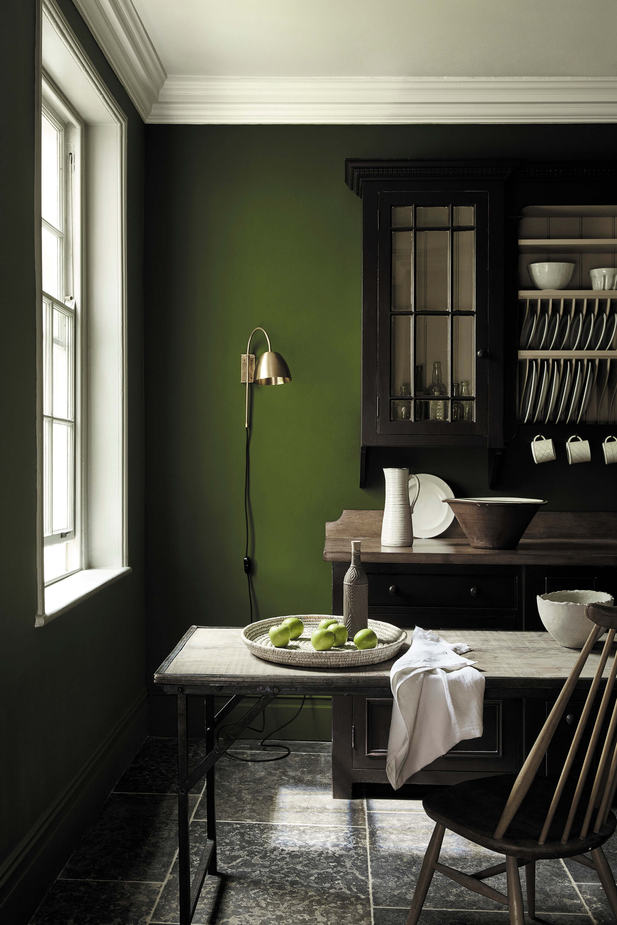 Kitchen with walls painted in Little Greene Jewel Beetle