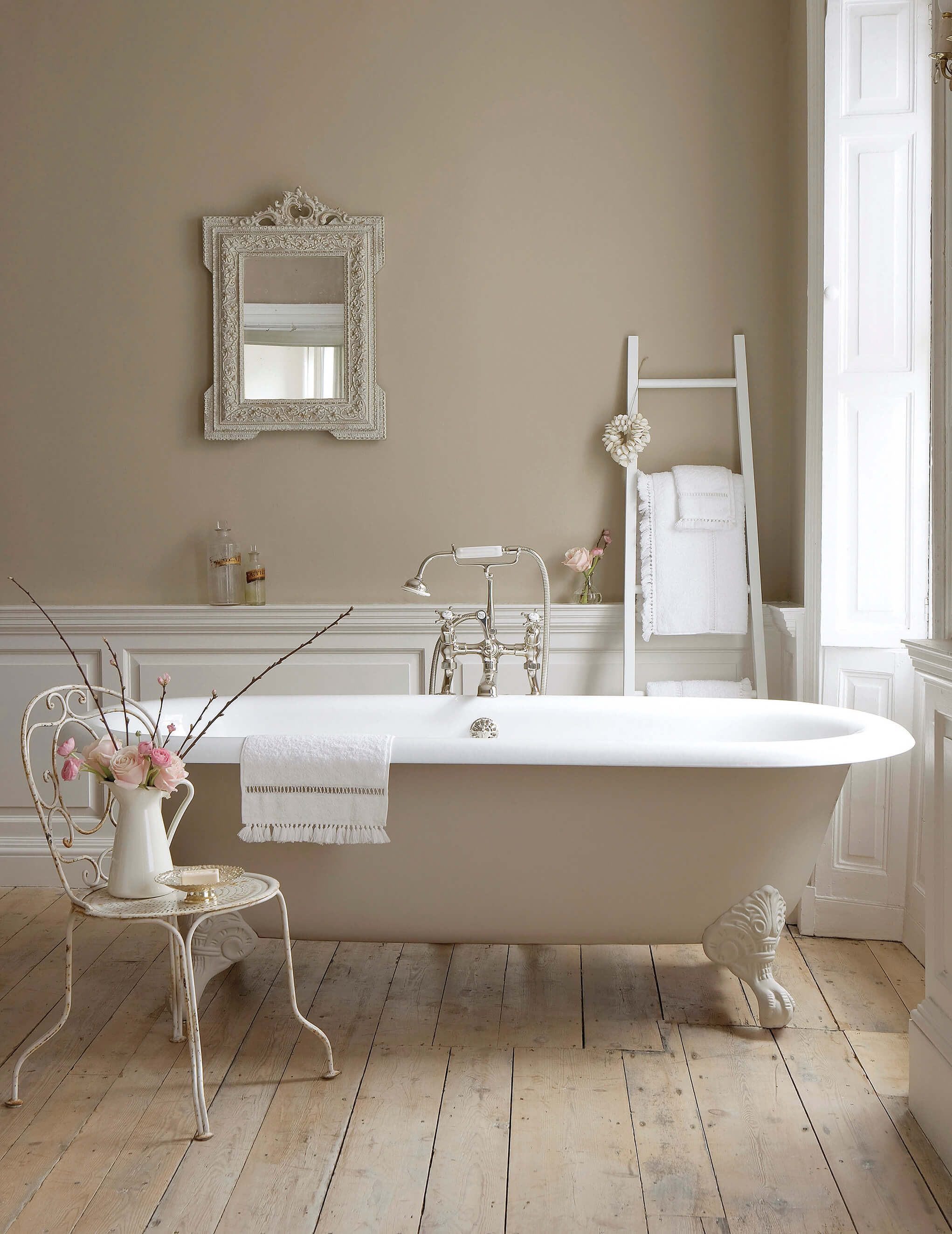 Bathroom with walls painted in Little Greene Rolling Fog
