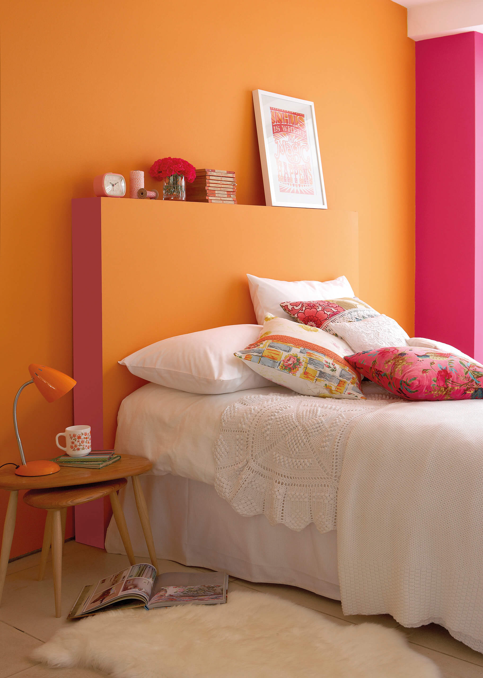 Bedroom painted in Little Greene Marigold, Carmine and Leather