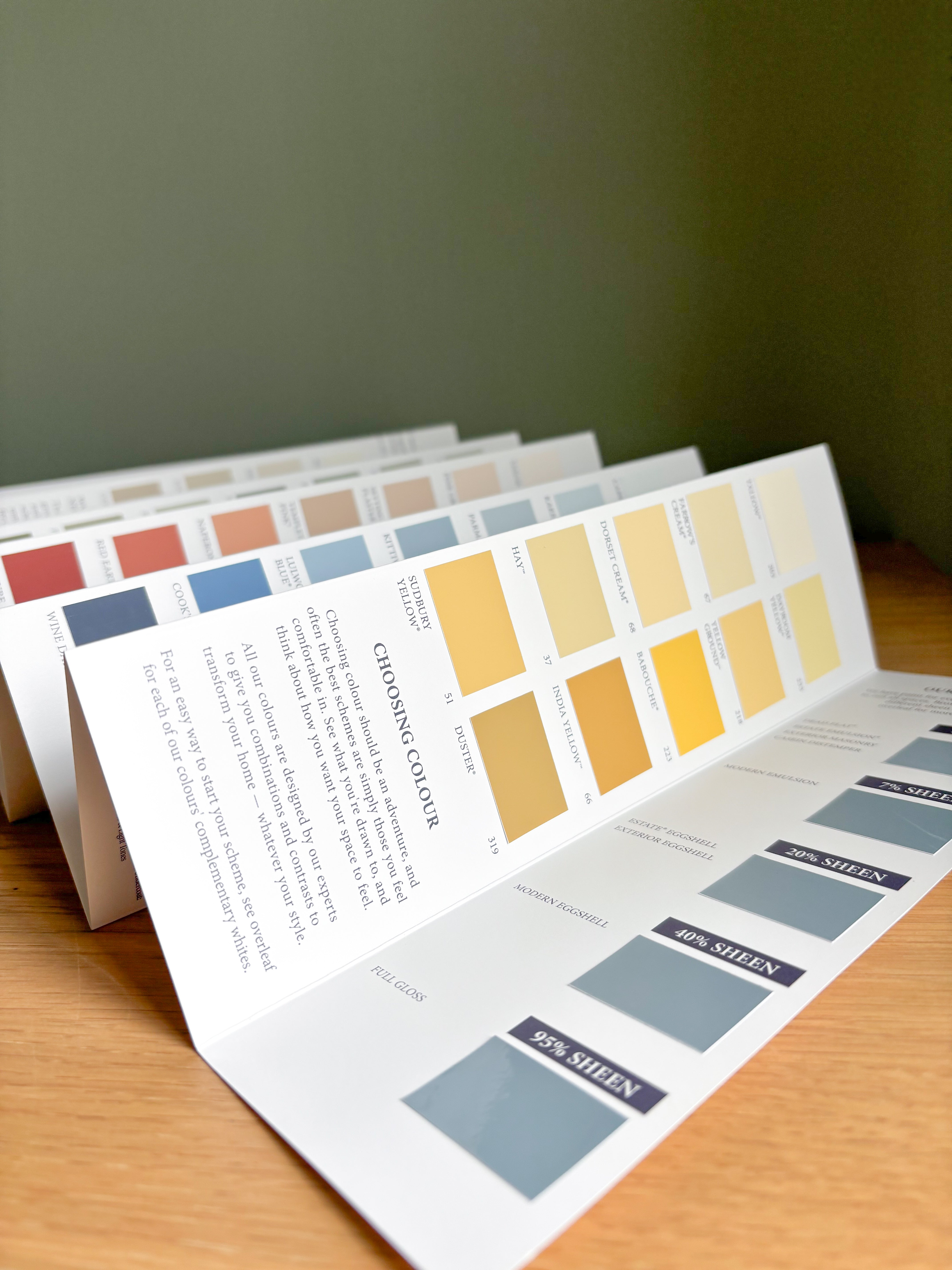 Farrow & Ball colour card open to show a range of paint swatches
