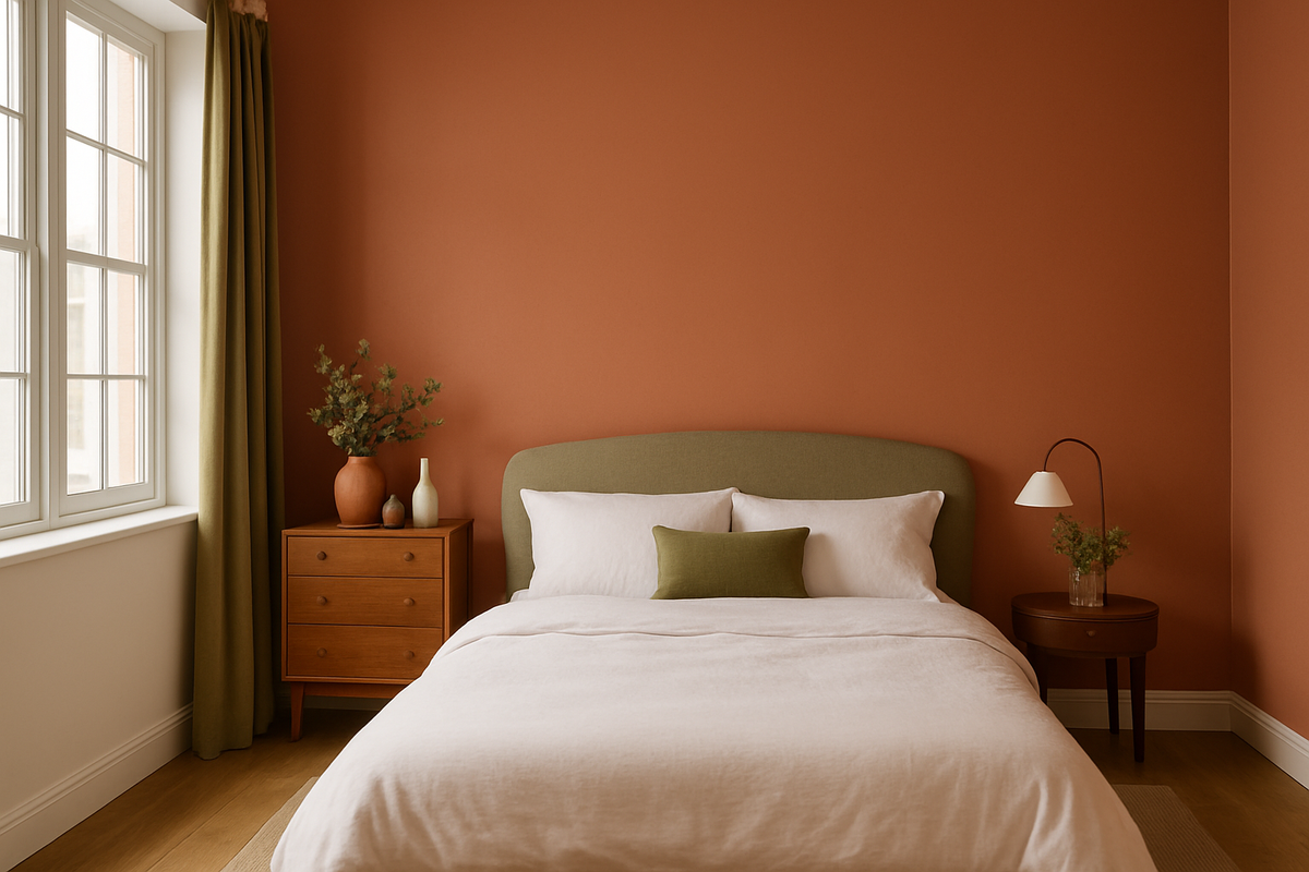 Terracotta designer interior paint in a bedroom with a neutral upholstered bed, white bedding and wooden bedside tables